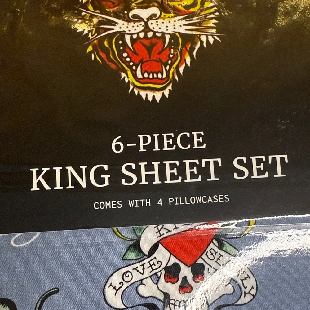 Ed Hardy Blue King Sheet Set with Skulls and Motorcycles